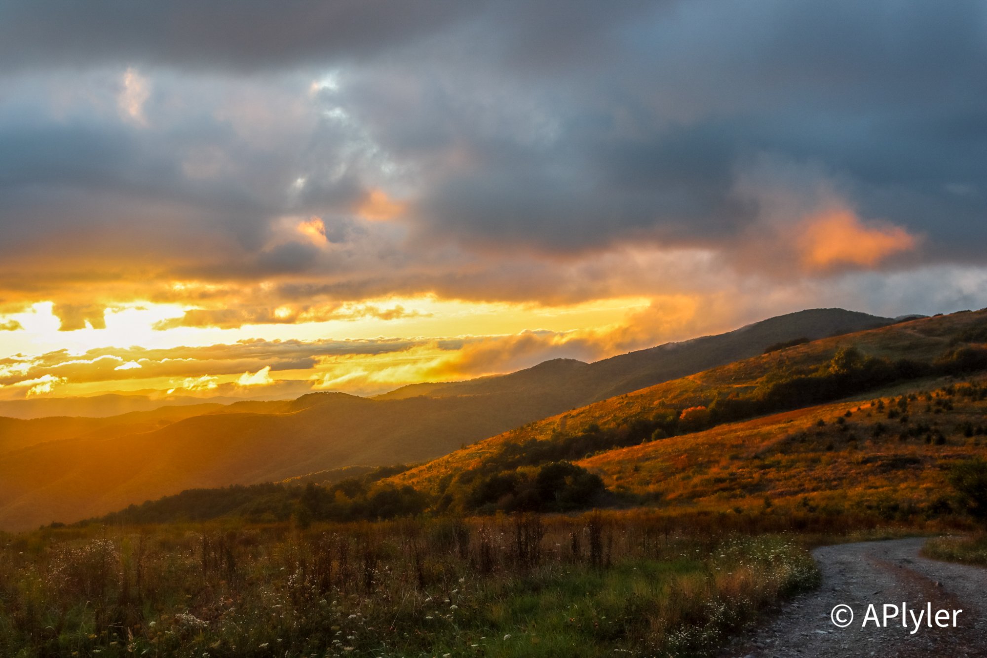 Sunset over a mountain road in the NC High Country